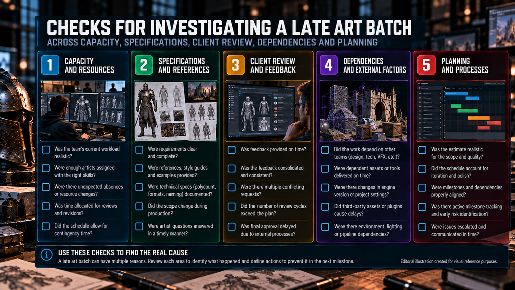 Checks for investigating a late art batch across capacity, specifications, client review, dependencies and planning
