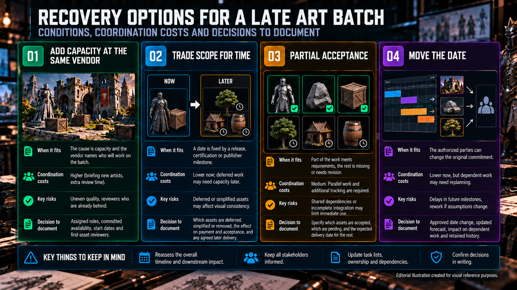 Recovery options for a late art batch, with conditions, coordination costs and decisions to document