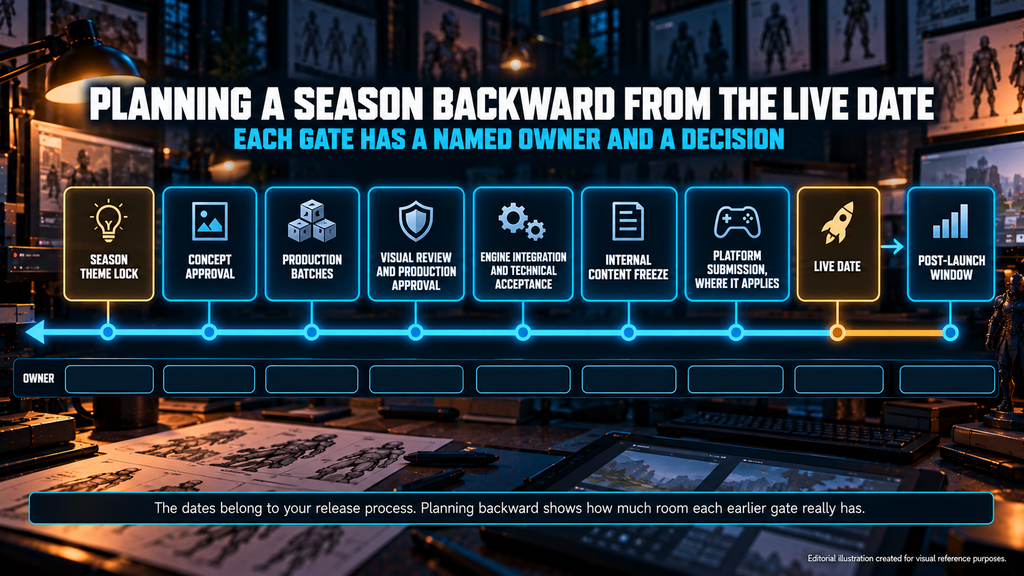 Live service game art season planning calendar with gates from concept approval to internal freeze and live date