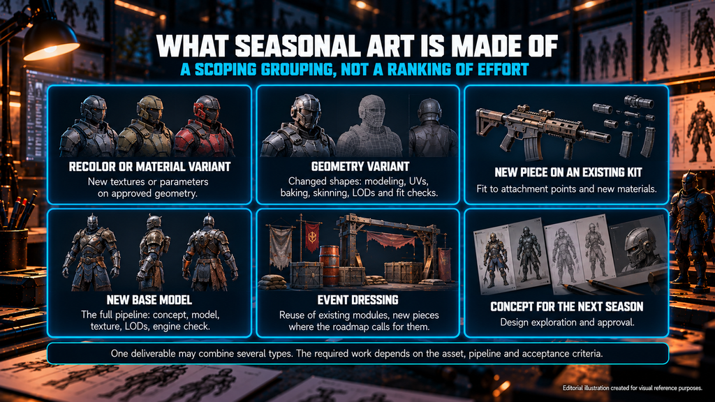 Seasonal game art work types compared: recolors, geometry variants, kit pieces, new base models, event dressing and concept