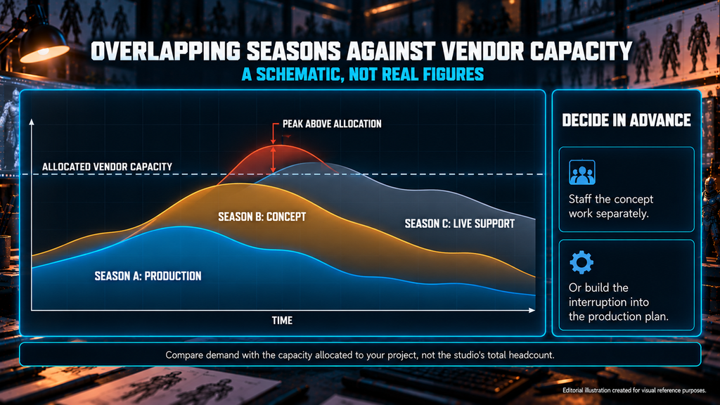 Overlapping seasons chart showing concept, production and live support workload against vendor capacity