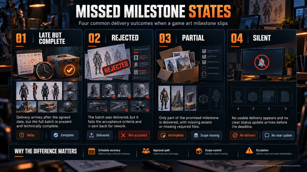Four states of a missed game art milestone: late but complete, rejected, partial and silent