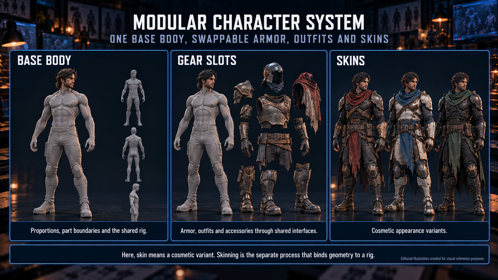 Modular character system for games: one base body with swappable armor, outfit and skin variants