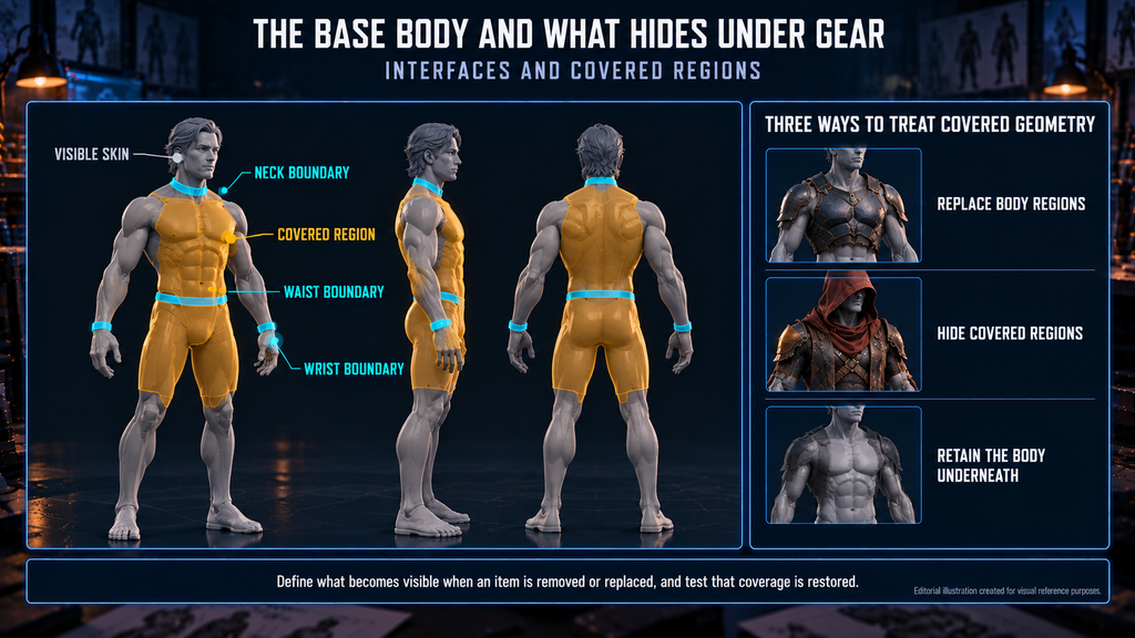 Base body of a modular game character with outfit interfaces and covered regions marked for modular gear