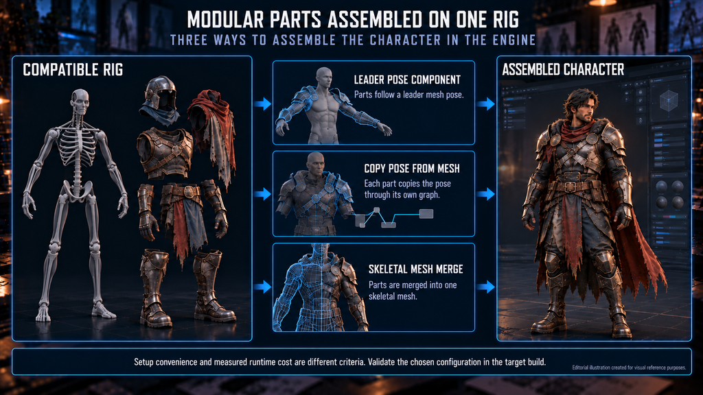 Modular character parts assembled on a compatible rig in a game engine: three assembly methods compared in a diagram