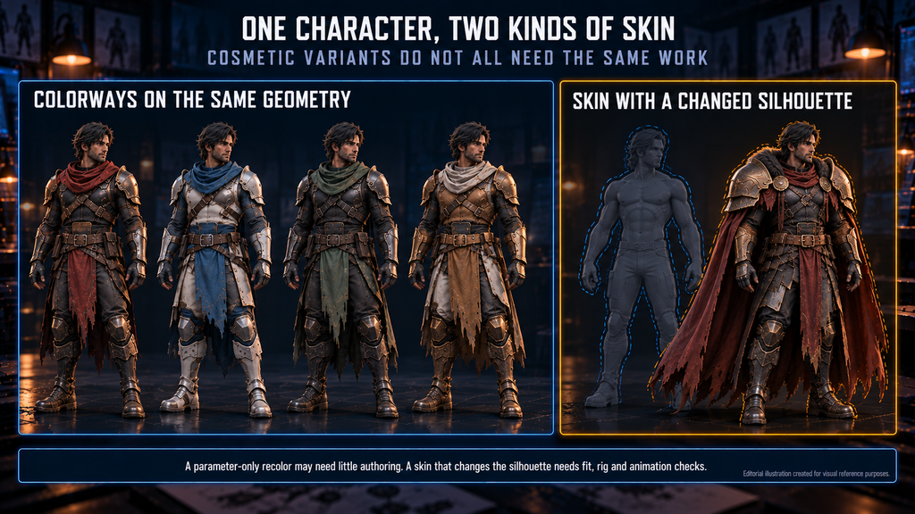 One game character in several colorways and a skin with a changed silhouette