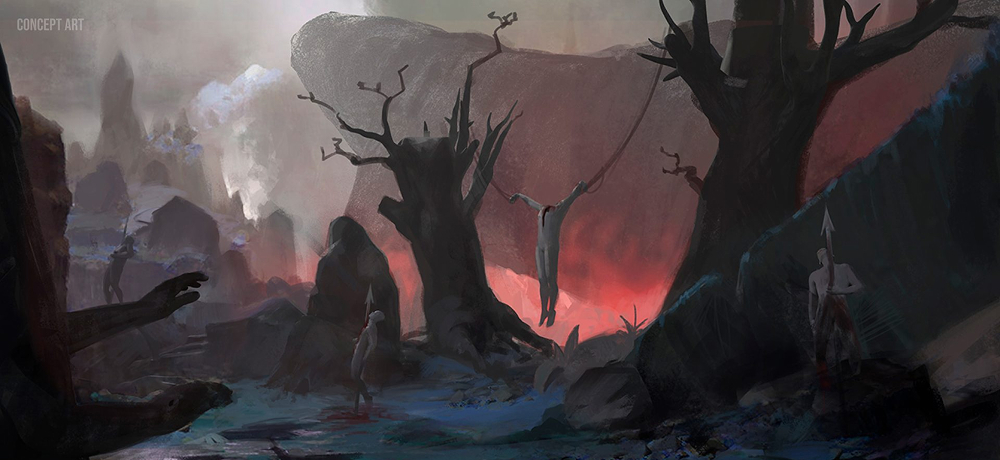 Horror mood keyframe: dark forest with bodies in the trees and blood mist – concept art by Nasty Rodent