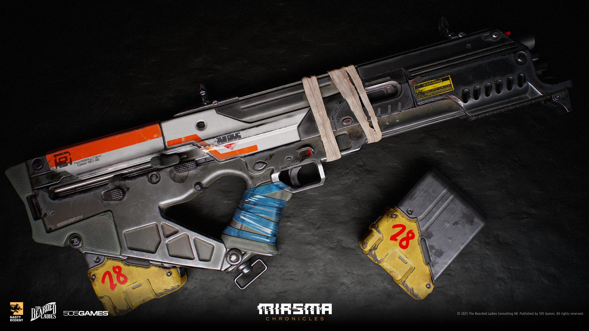 Miasma Chronicles heavy sci-fi weapon with taped magazines – 3D weapon art by Nasty Rodent
