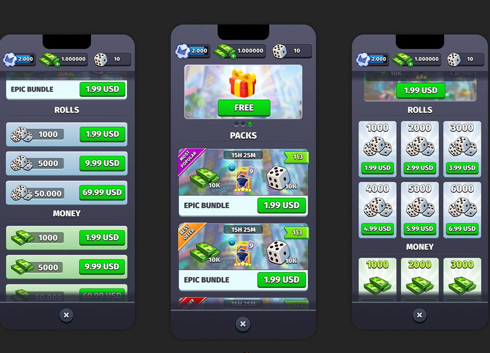 Mafia Go shop screens with bundle offers – game UI design by Nasty Rodent
