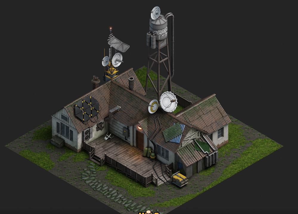 Isometric farm buildings with antennas and a water tower from Wild Rage – 3D environment assets by Nasty Rodent