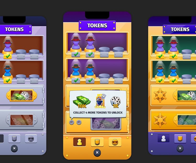 Mafia Go token and board skins selection screens – board game UX/UI by Nasty Rodent