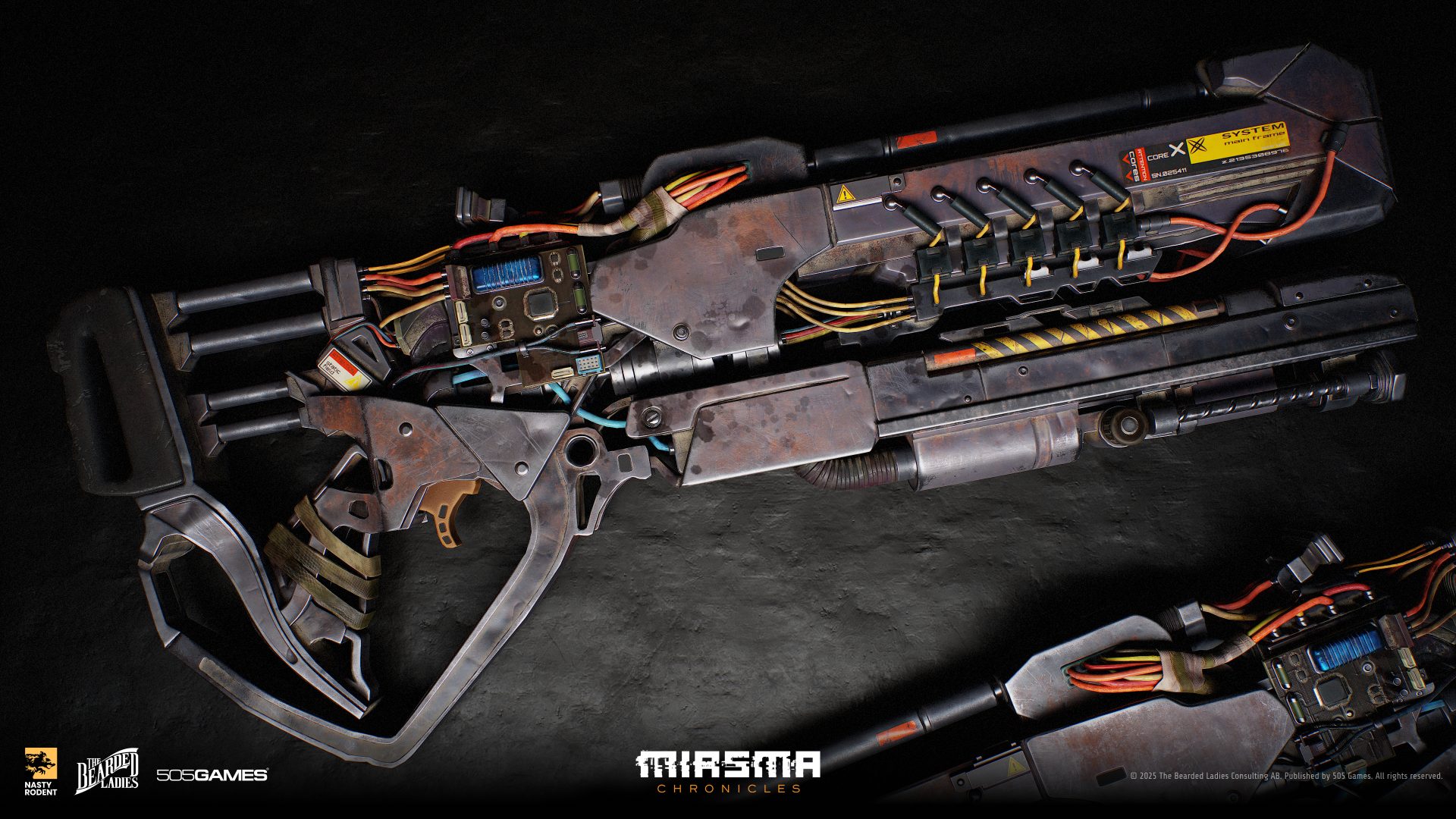 Miasma Chronicles heavy sci-fi weapon with exposed wiring – 3D weapon art by Nasty Rodent