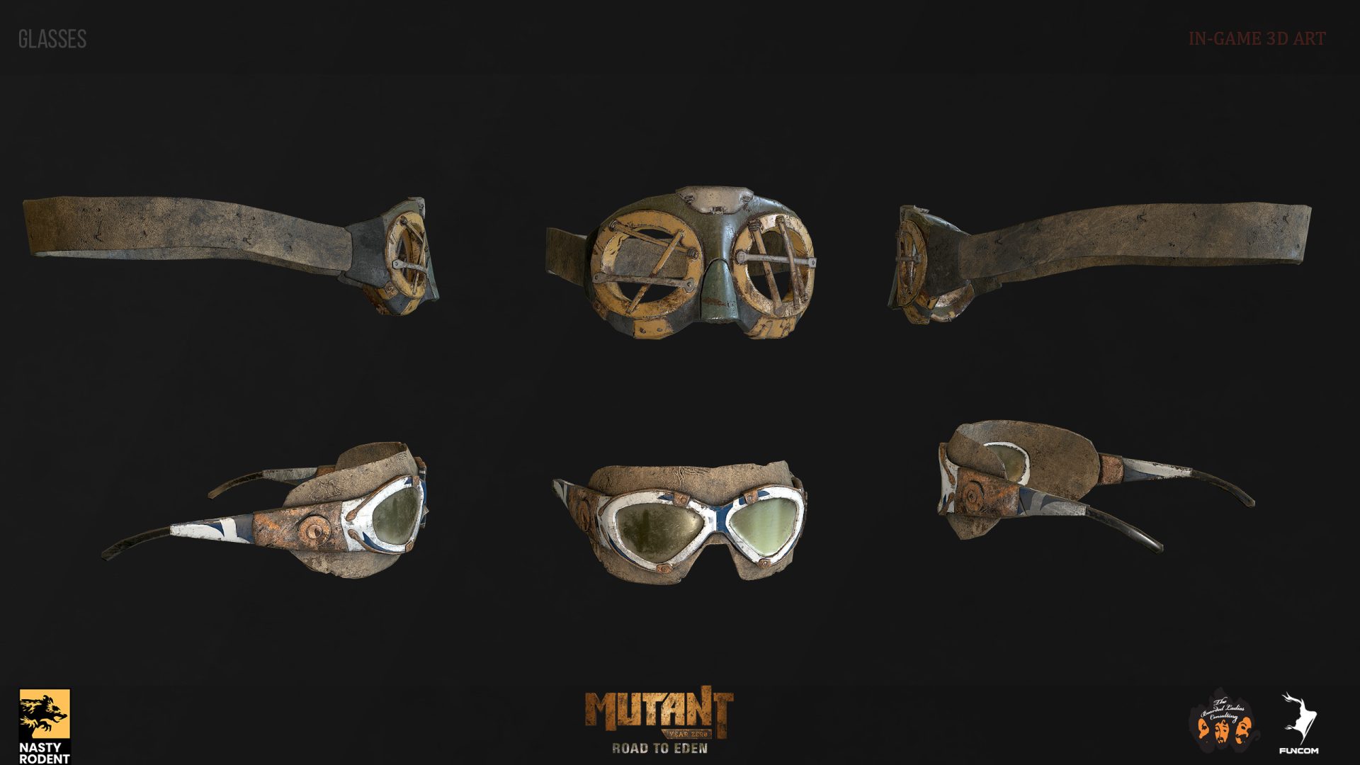 Goggles from Mutant Year Zero: Road to Eden shown from several angles – 3D prop art by Nasty Rodent