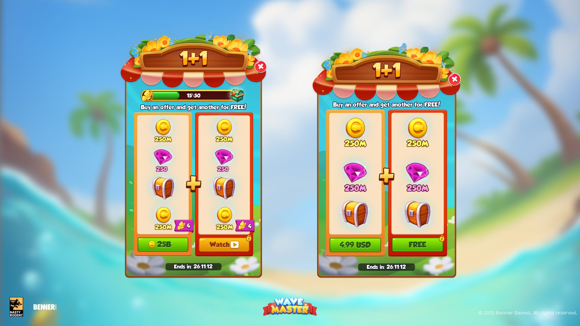 Wave Master 1+1 offer screens – mobile shop UI design by Nasty Rodent for Banner Games