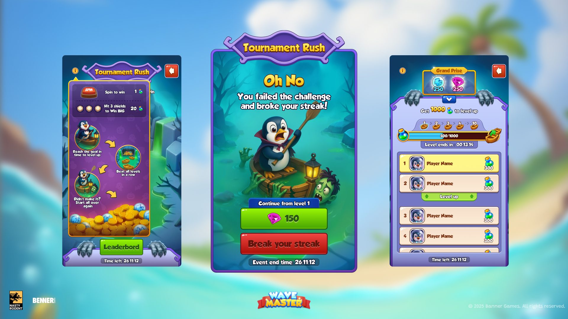 Wave Master Tournament Rush event screens – small-screen game UI design by Nasty Rodent for Banner Games
