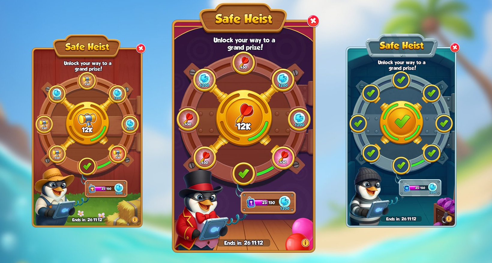 Safe Heist event screens from Wave Master – card and board game UI design by Nasty Rodent