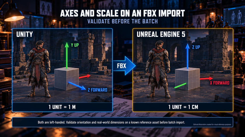 Unity Y-up and Unreal Z-up axes with centimeter scale on an FBX import, shown in a diagram