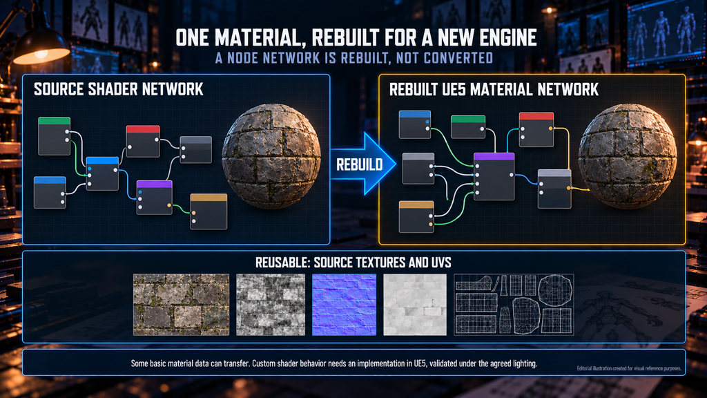 One material shown as a node network rebuilt for Unreal Engine 5, in a side-by-side comparison