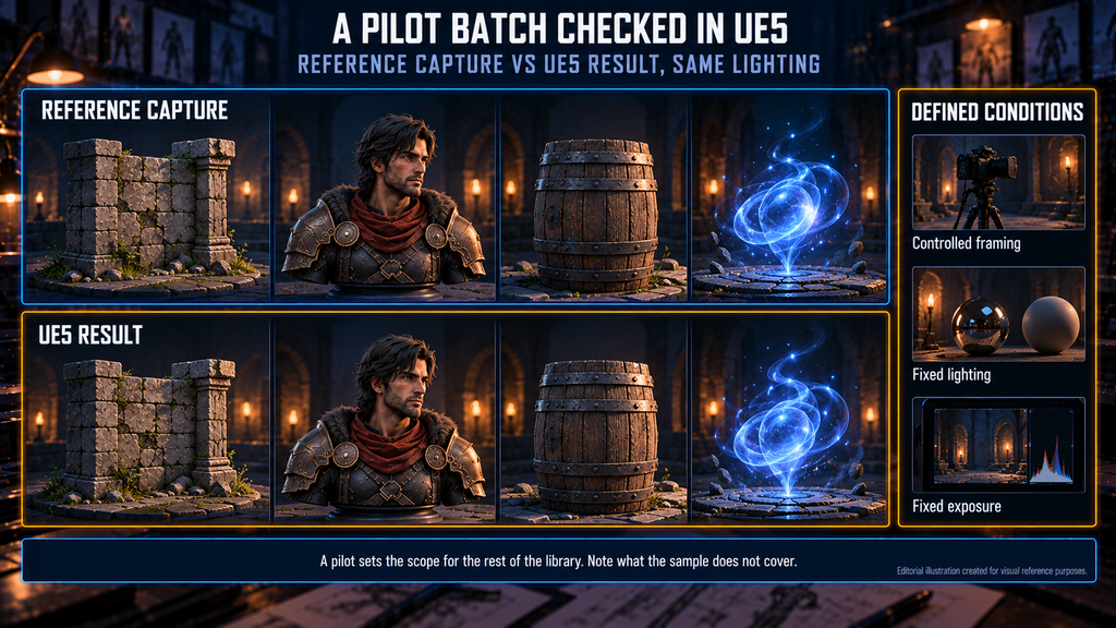 Pilot batch of game assets checked in UE5 against reference captures under defined lighting