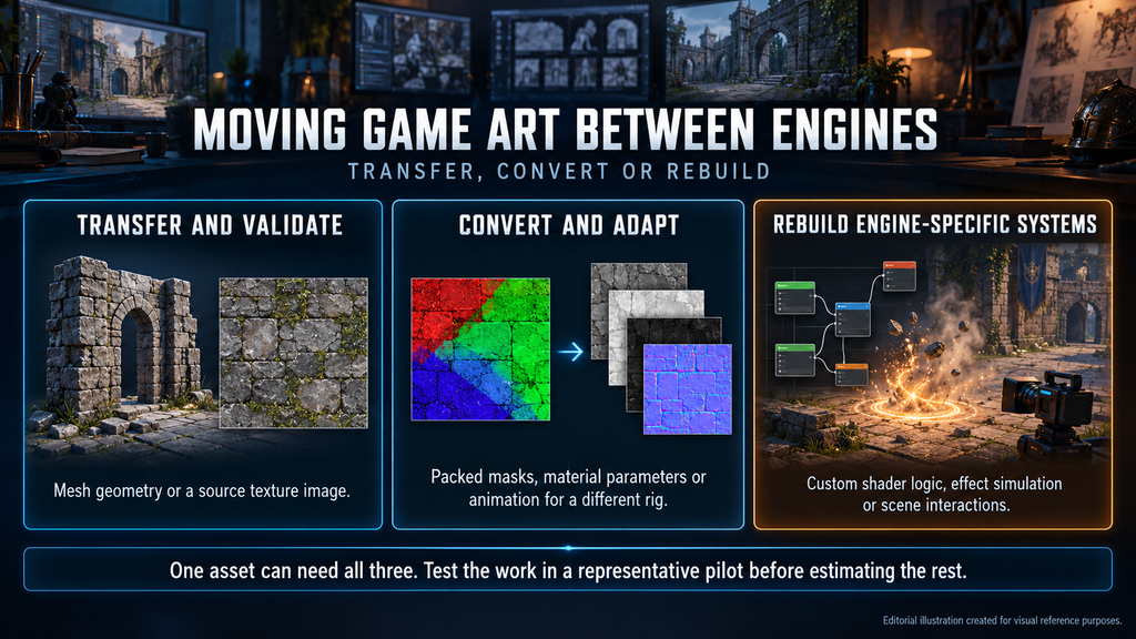 Unity to Unreal migration of game art with assets sorted into transfer, convert and rebuild groups