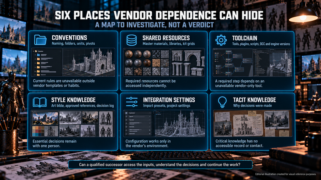 Six areas where vendor dependence can hide in a game art pipeline, from naming conventions to tacit knowledge
