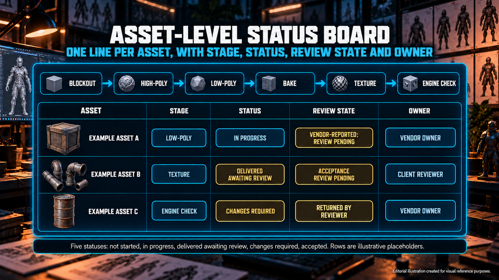 Weekly art production report asset status board: 3D asset stages from blockout to engine check with review state and owners