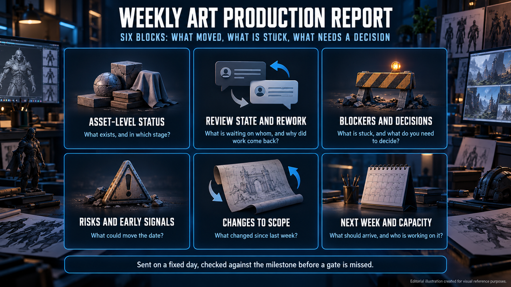 Weekly art production report layout with sections for asset status, reviews, blockers, risks, changes and next steps