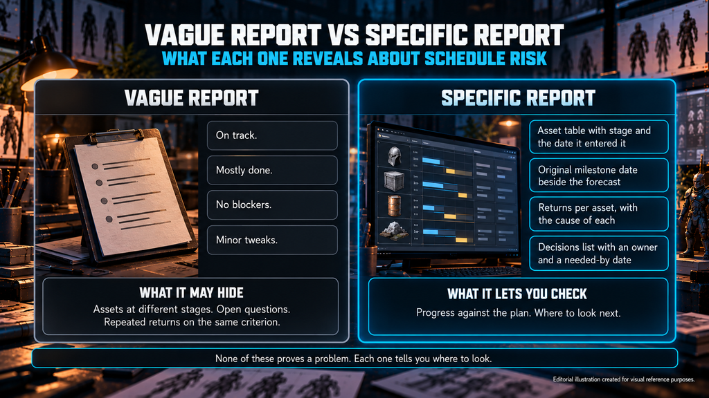 Weekly art report comparison: a vague report versus a specific one and what each reveals about schedule risk