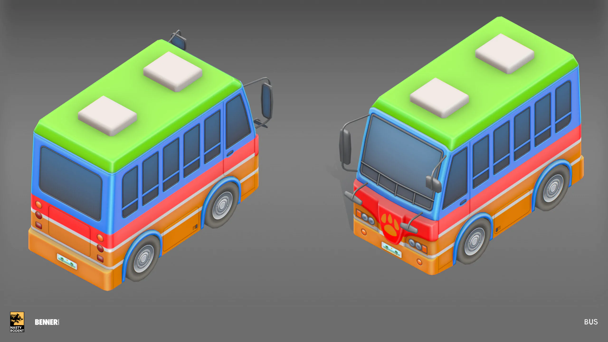 Stylized low-poly bus 3D model — Isometric vehicle asset for casual games