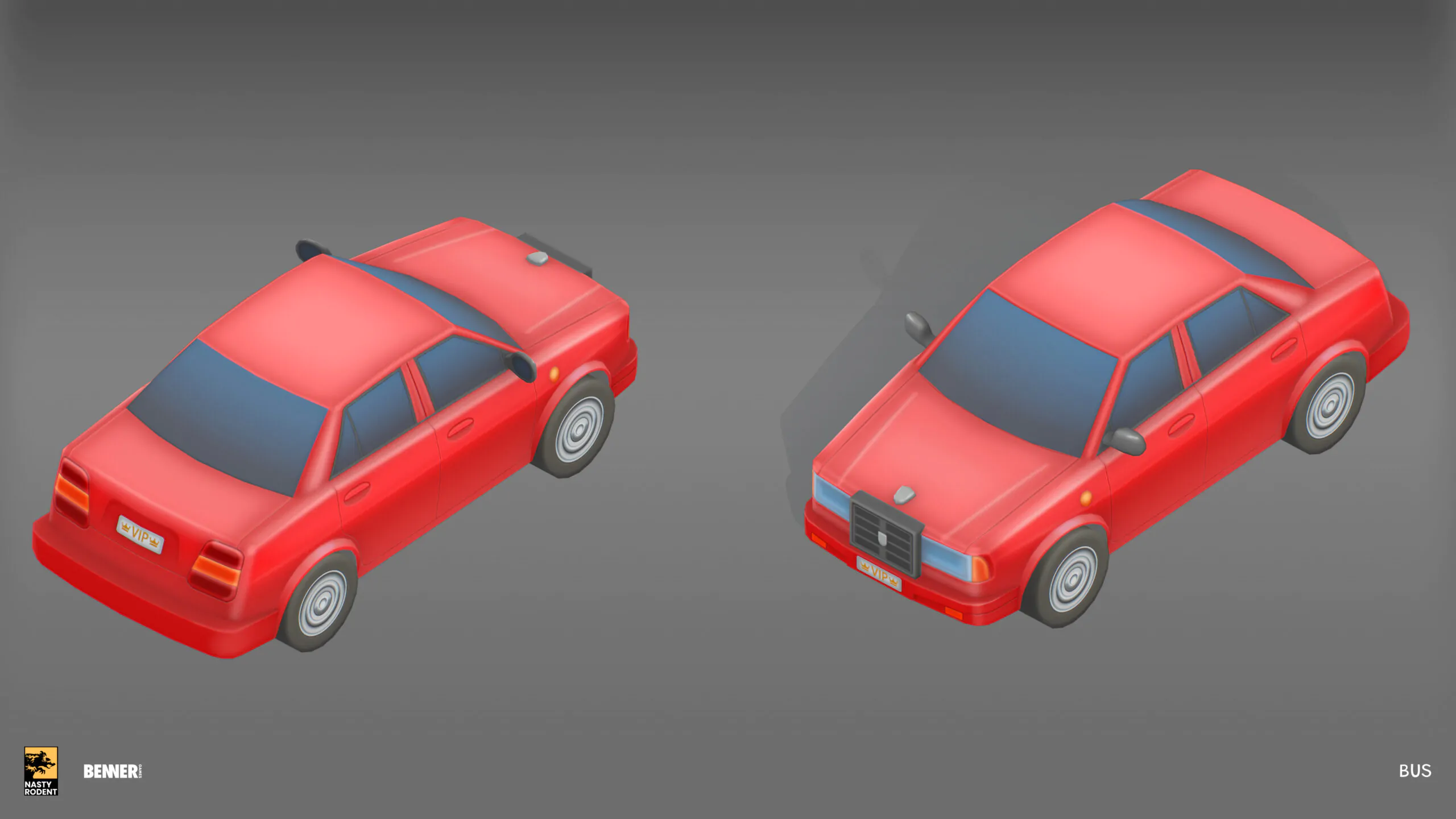 Isometric red sedan 3D model — Low-poly civilian car game asset