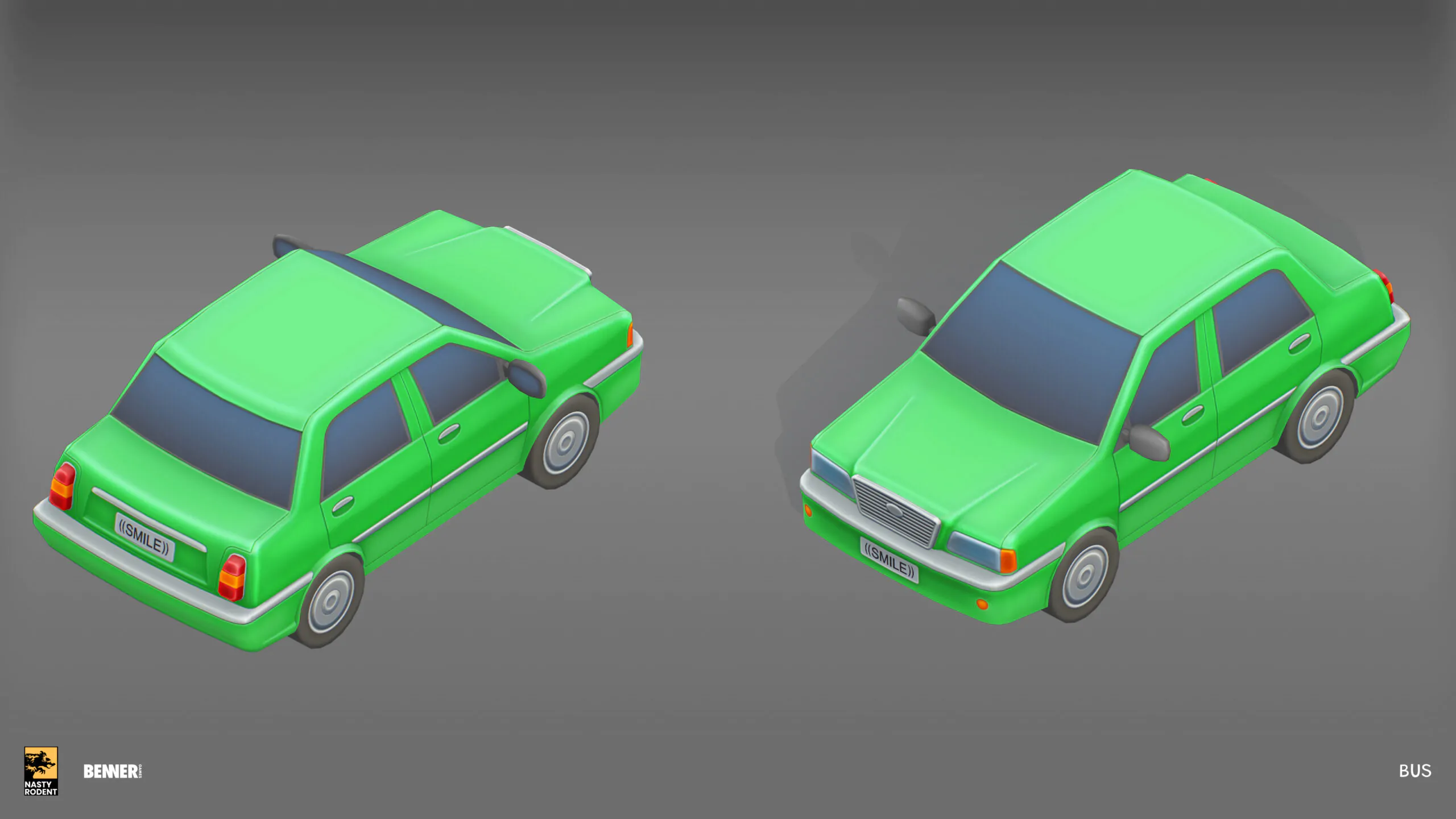 Isometric green sedan 3D model — Low-poly city traffic car asset
