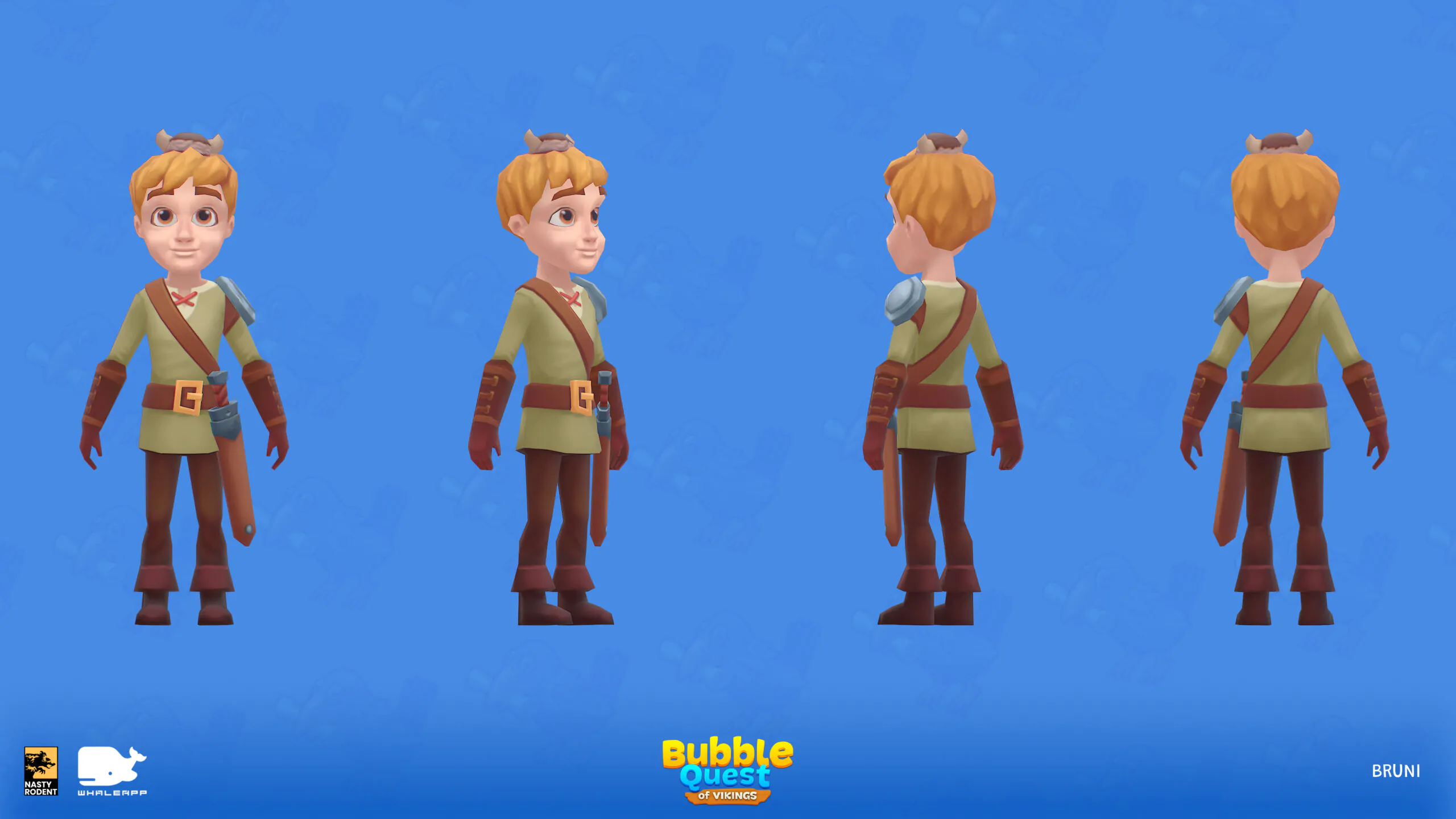 "Bruni" character design from Bubble Quest — Viking boy 3D model turnaround