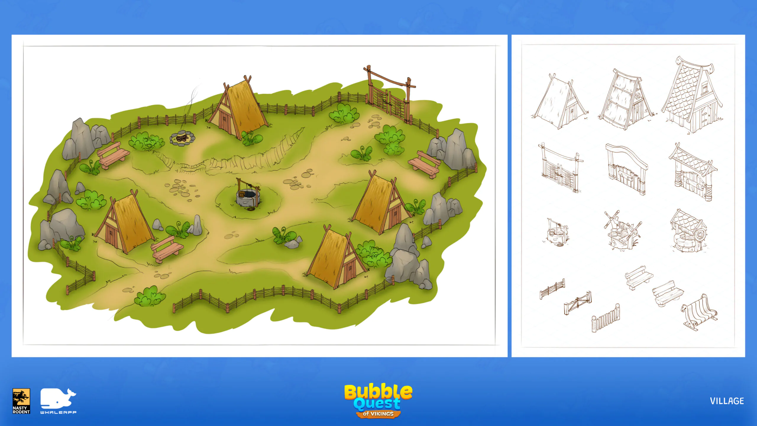 Viking village environment concept art — Isometric level design and props