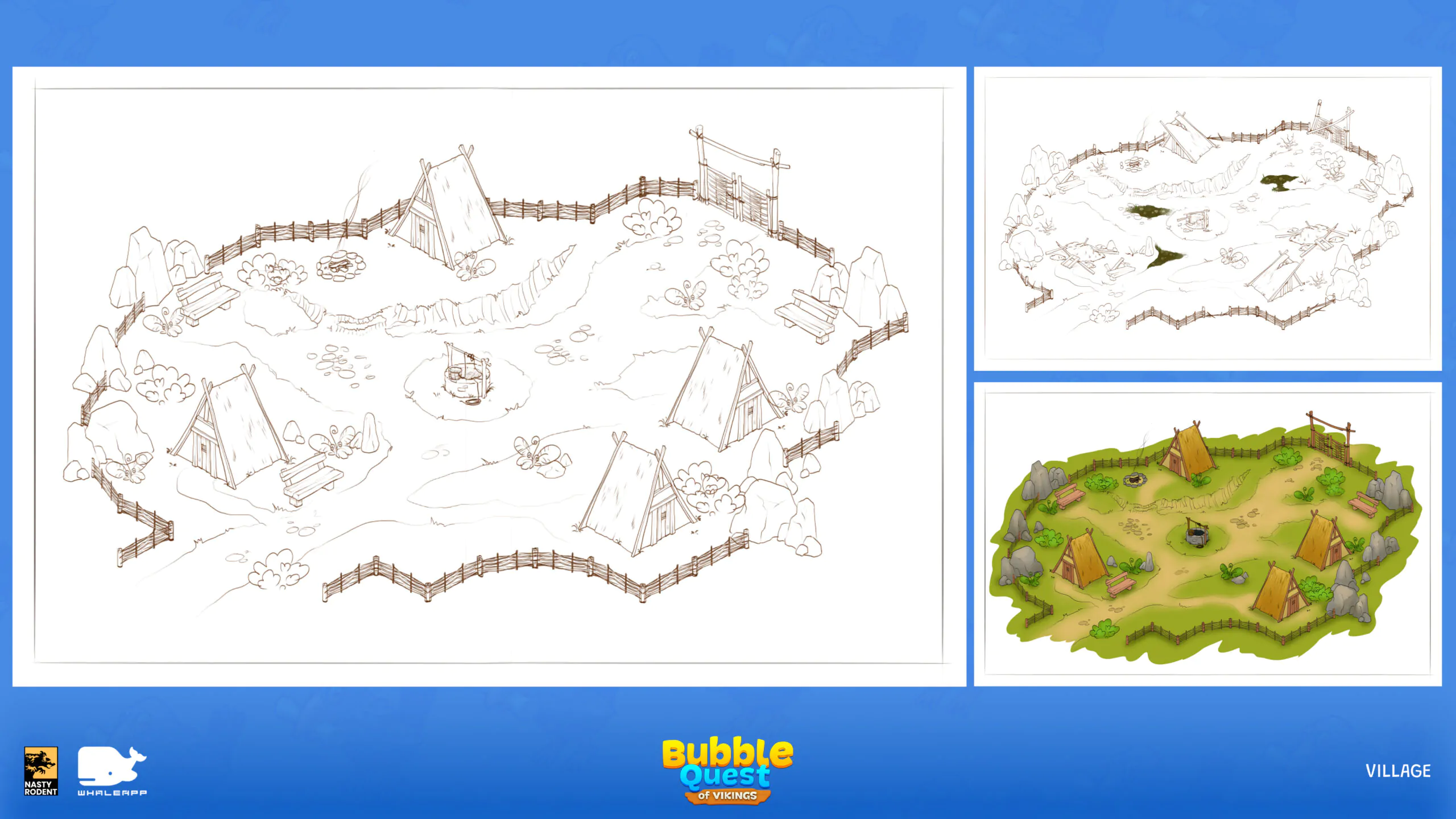 Viking village line art and sketches — Environment design and level layout