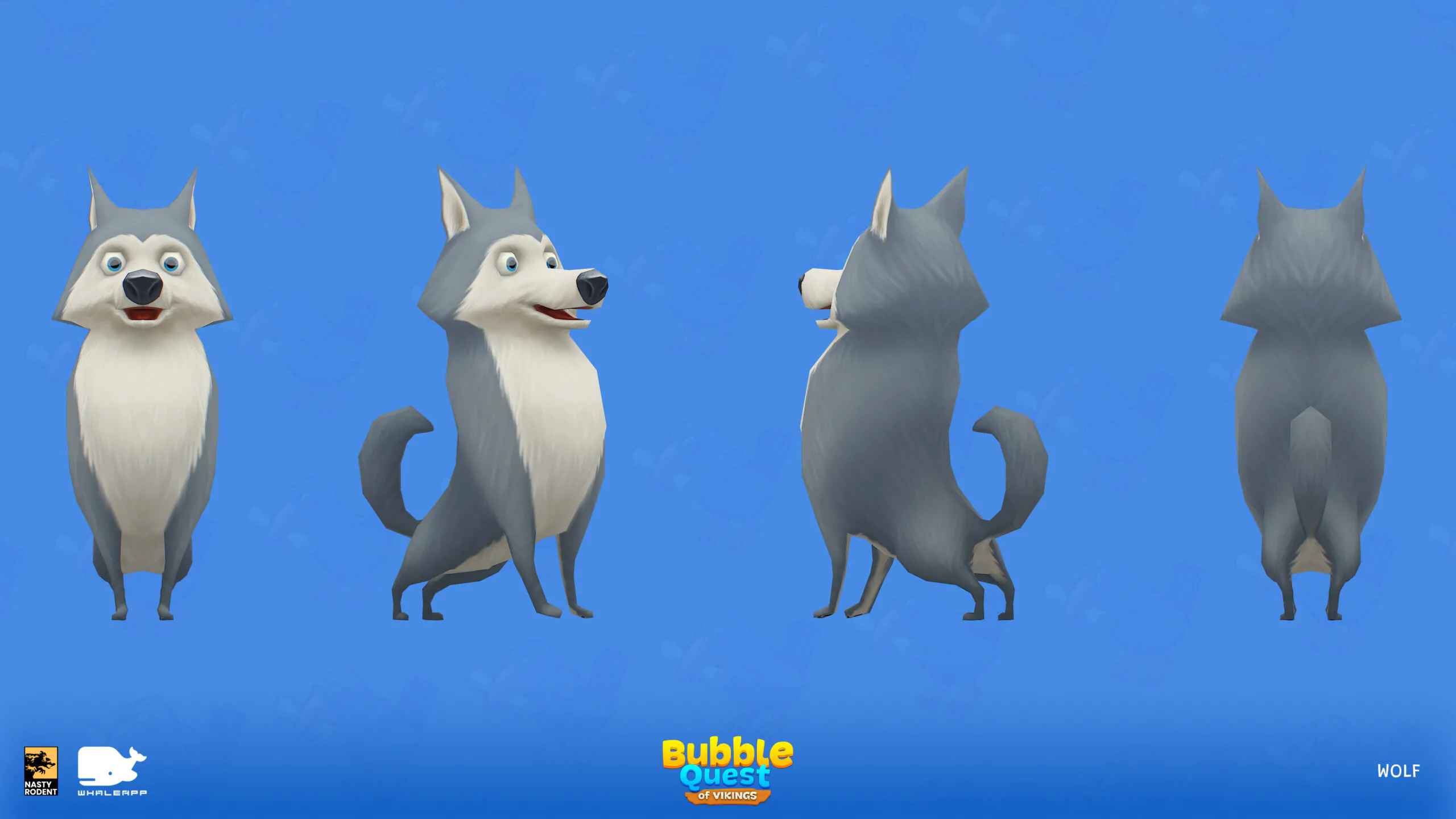 Stylized wolf character 3D model turnaround — Casual game asset for Bubble Quest