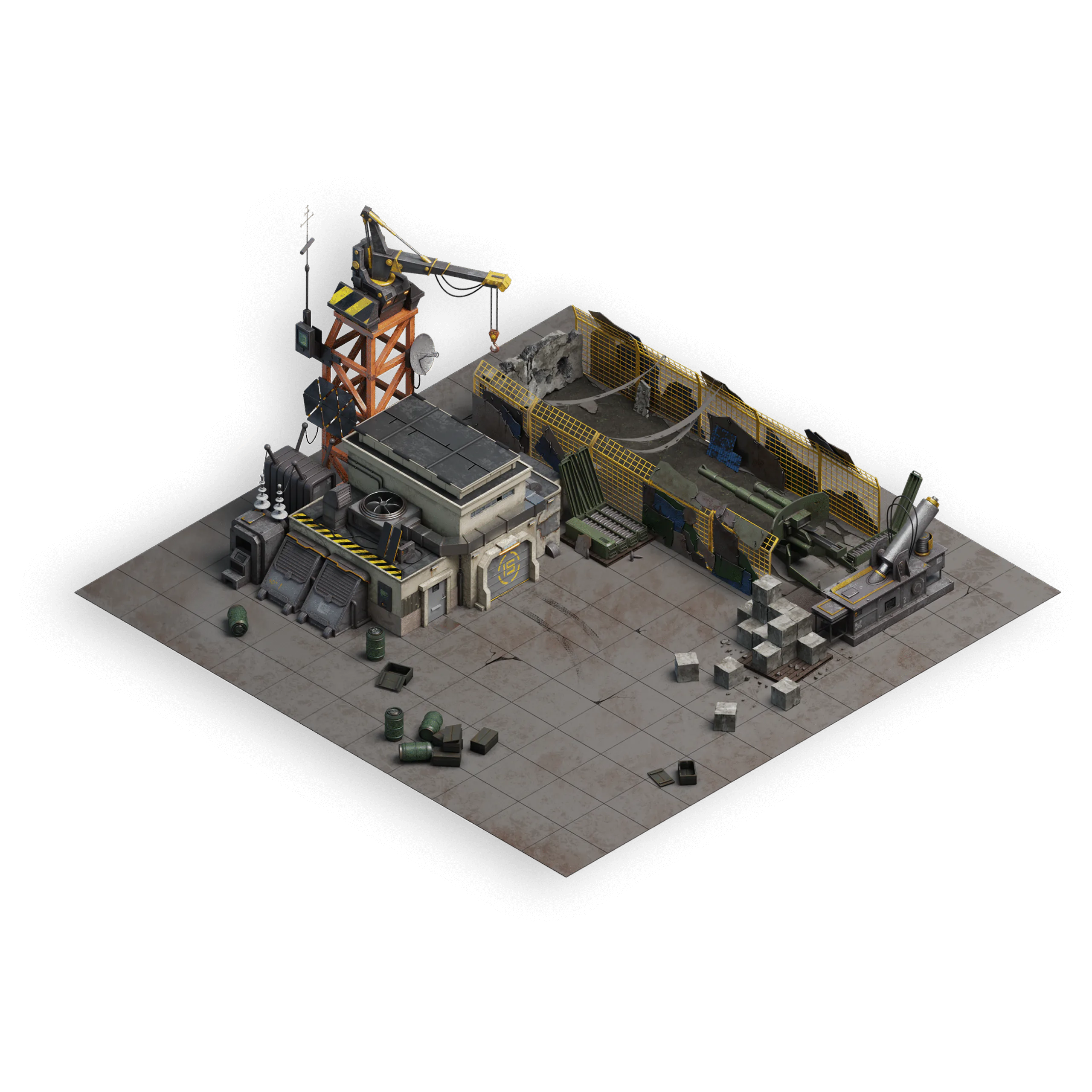 Isometric environment concept art of a military base outpost