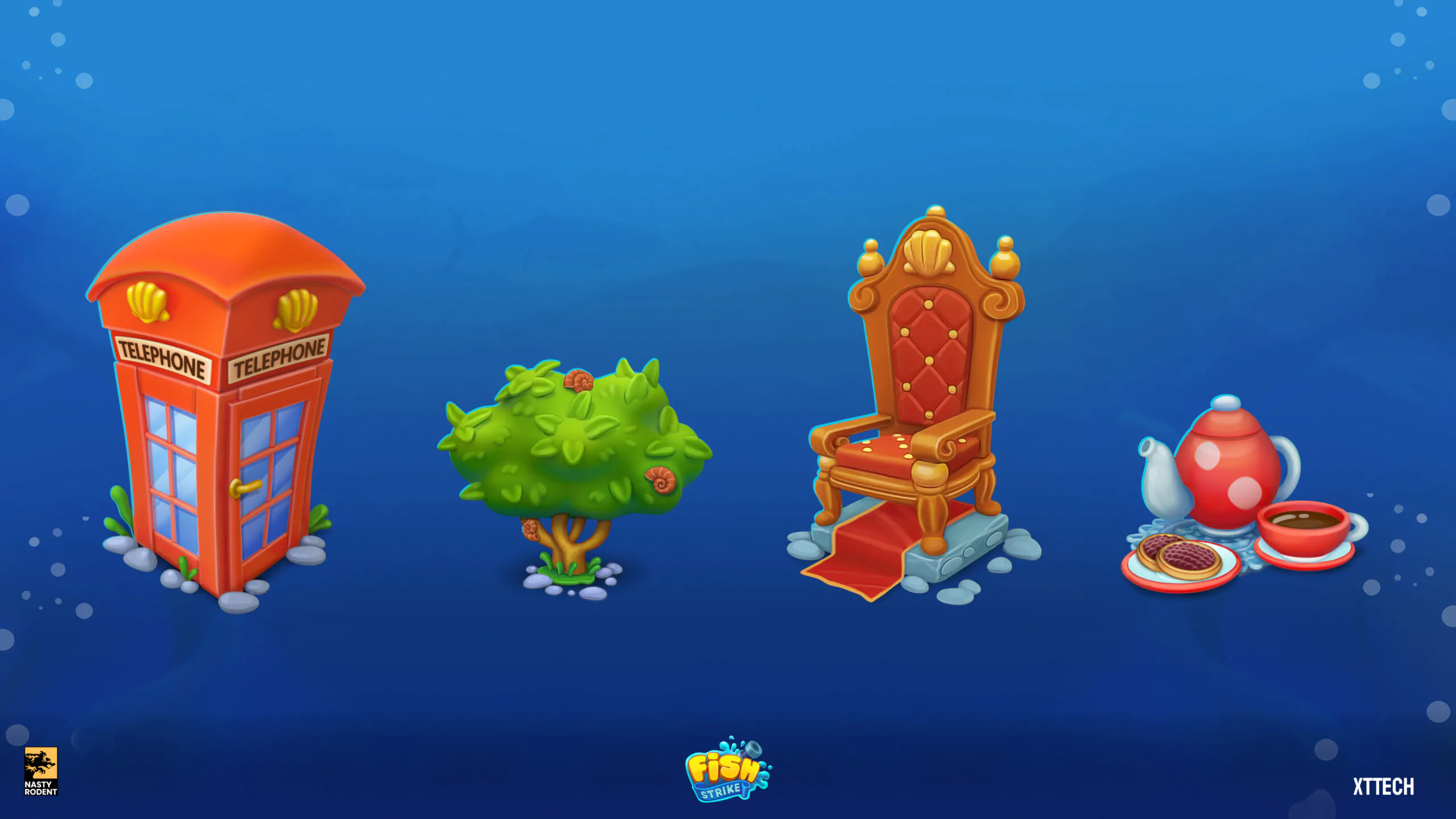 Stylized game props bundle (phone booth, throne, tea set) — Casual asset pack