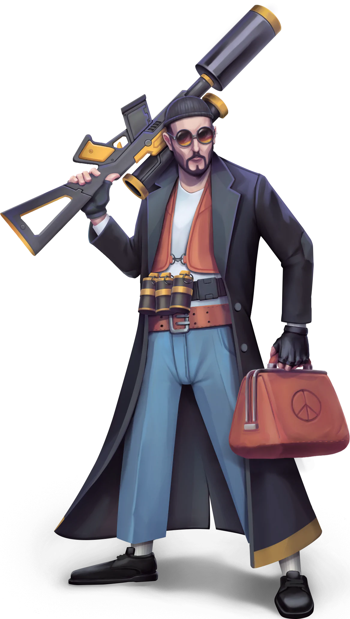 Stylized character art of a mercenary with a rifle and medic bag