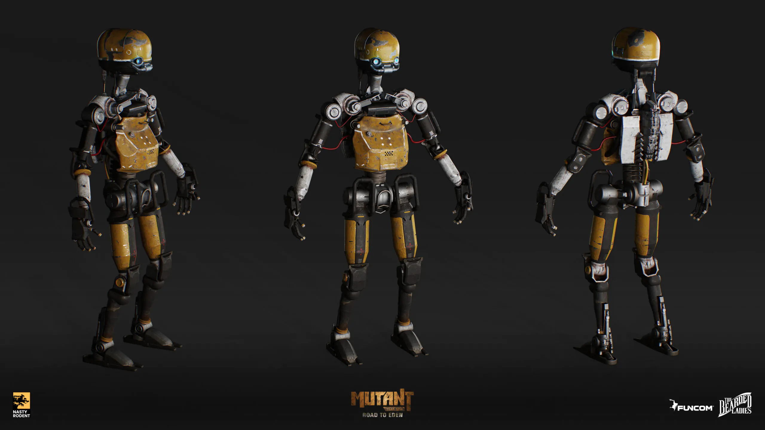 Rusty helper robot 3D character model — Post-apocalyptic bot turnaround