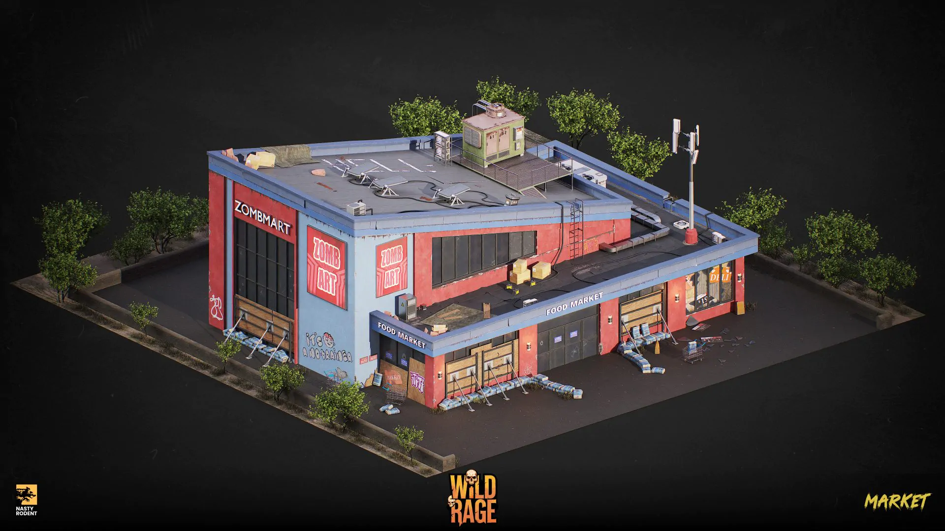 Isometric "Zombmart" supermarket 3D model — Post-apocalyptic game location