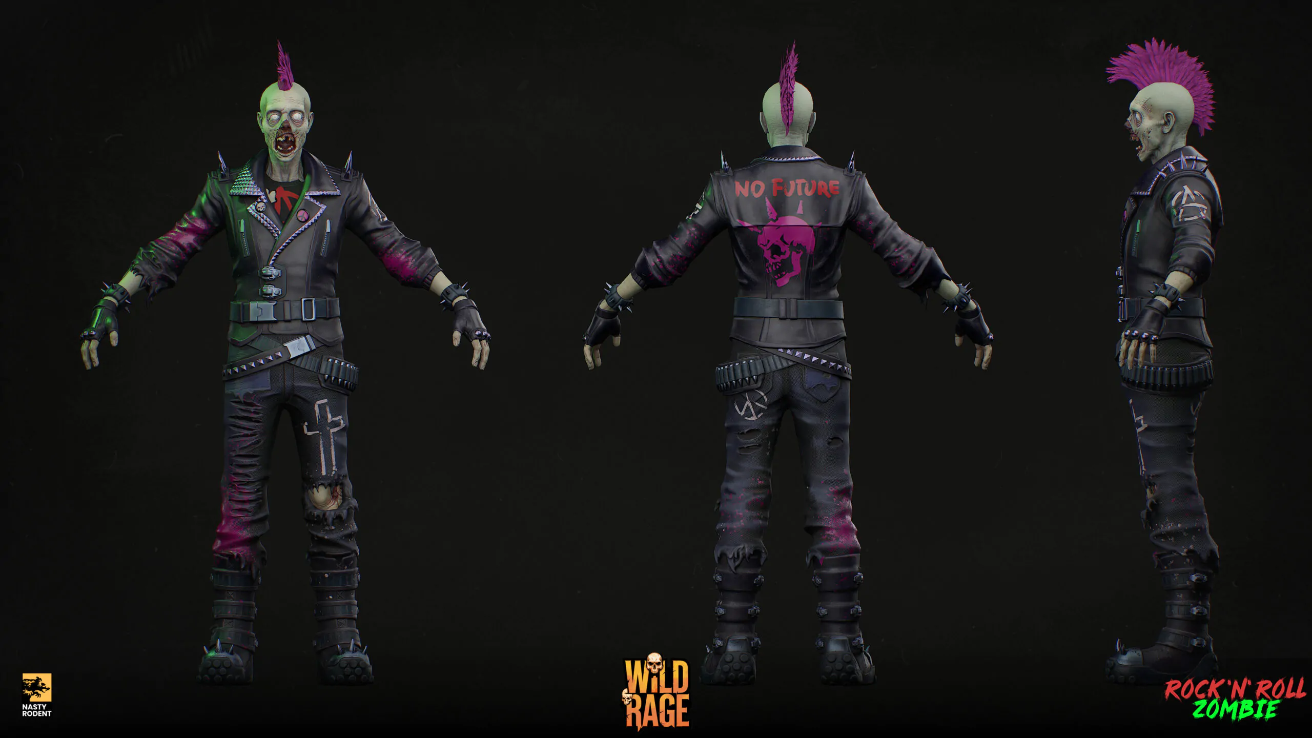 3D character model of a punk zombie with pink mohawk and leather jacket, 3-point view
