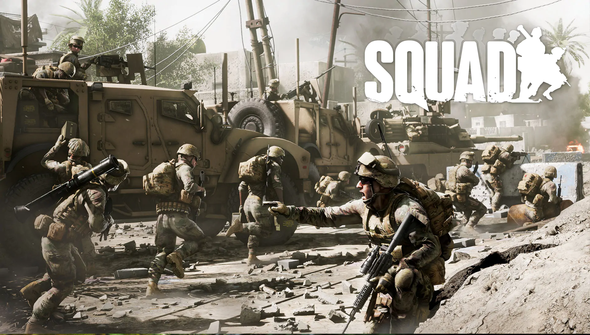Widescreen tactical shooter Squad banner with infantry and military machinery