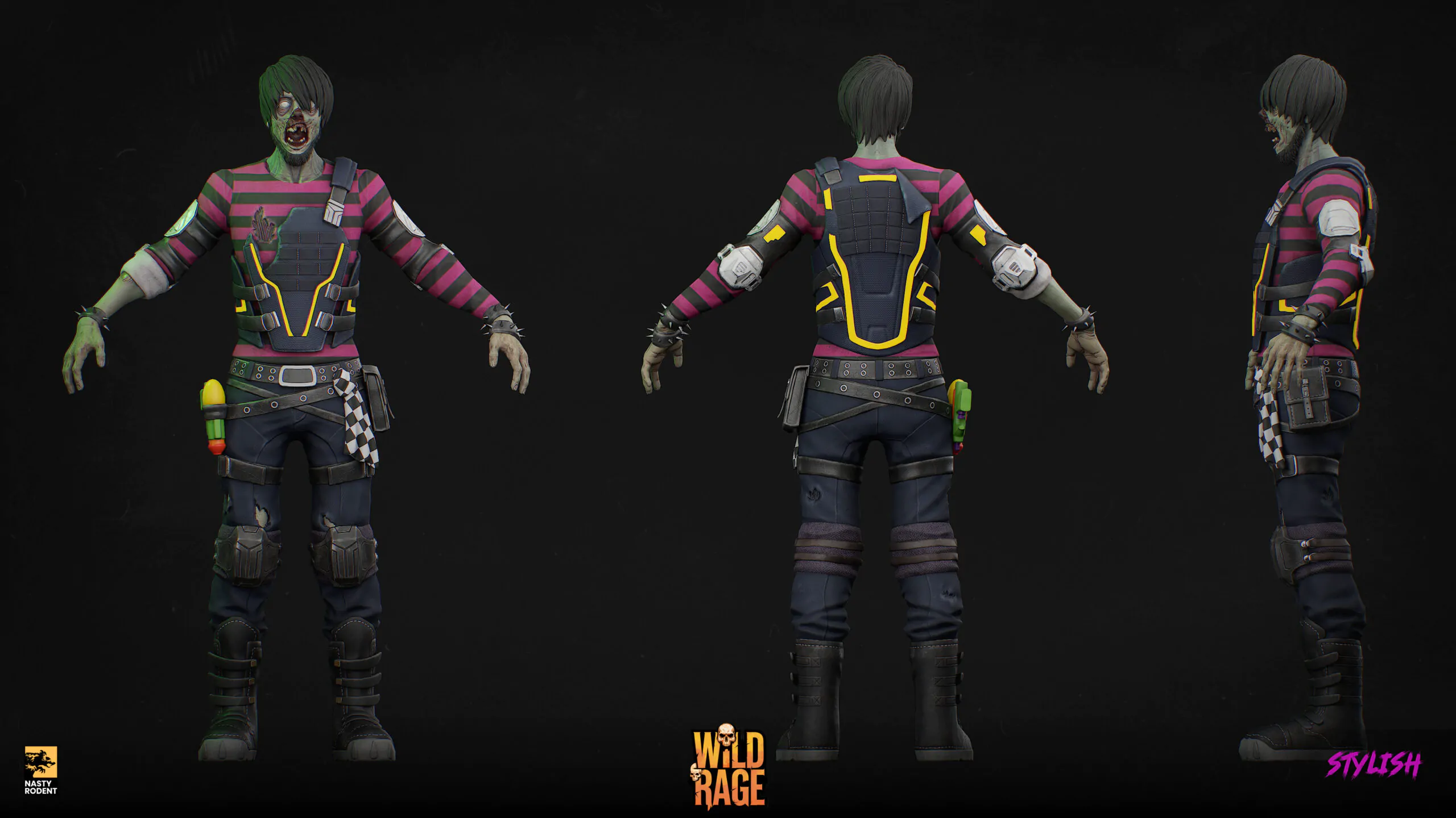 3D character model of a zombie in a striped shirt and tactical vest, 3-point view