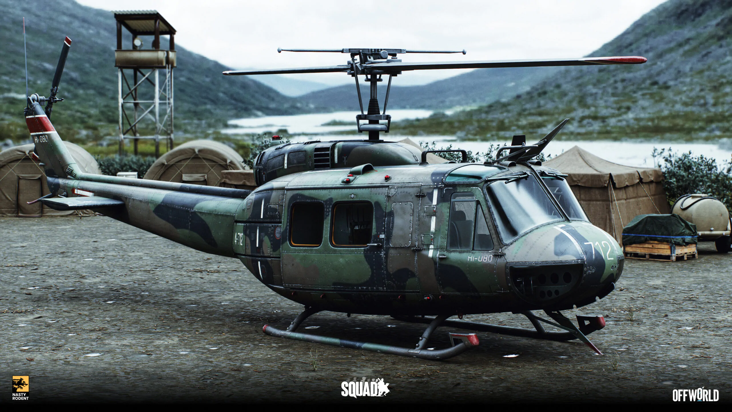 3D model of a camouflaged UH-1H Huey military helicopter at a base, Squad game