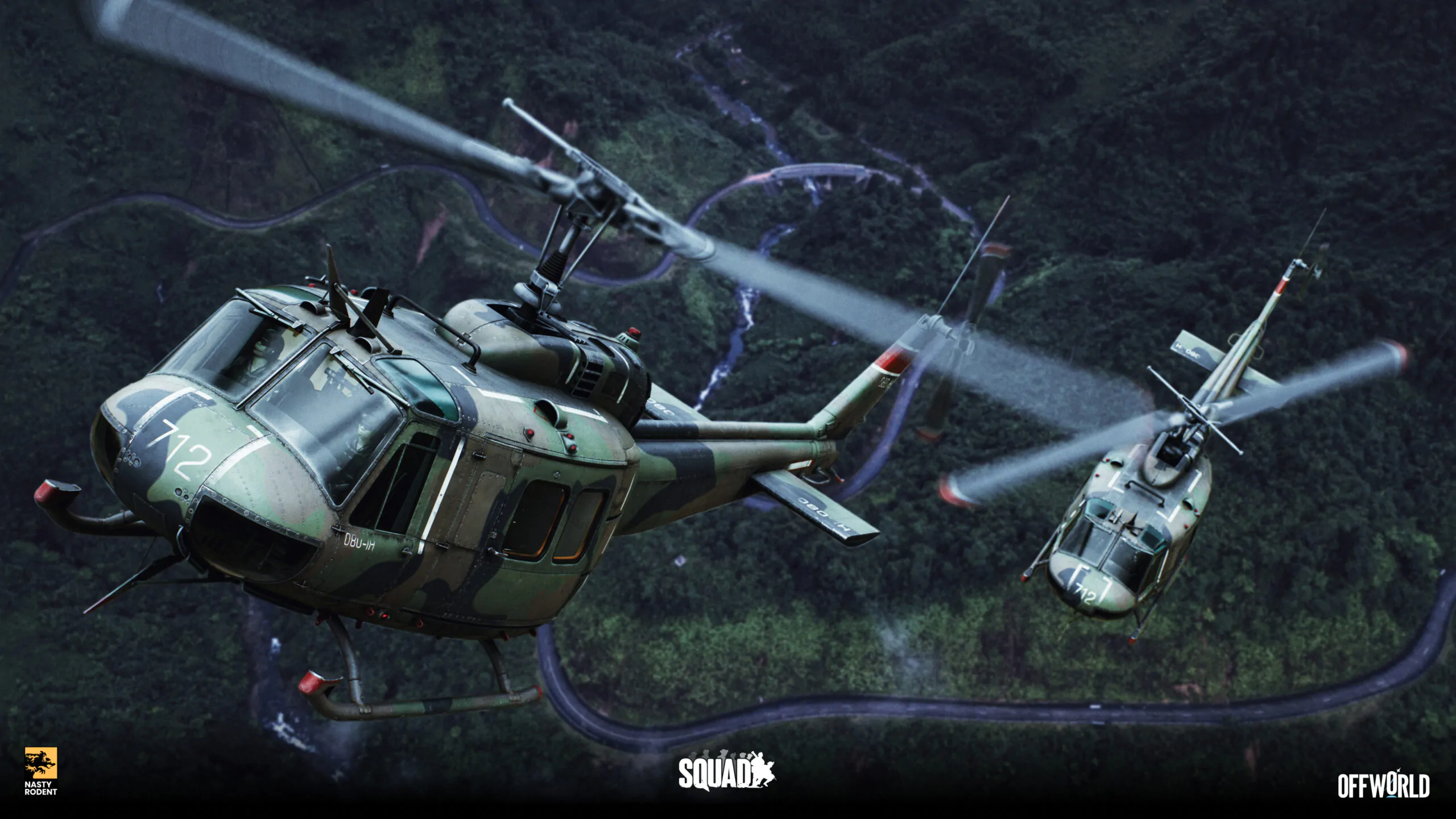 Squad game cinematic: a pair of Huey helicopters flying over a mountain forest