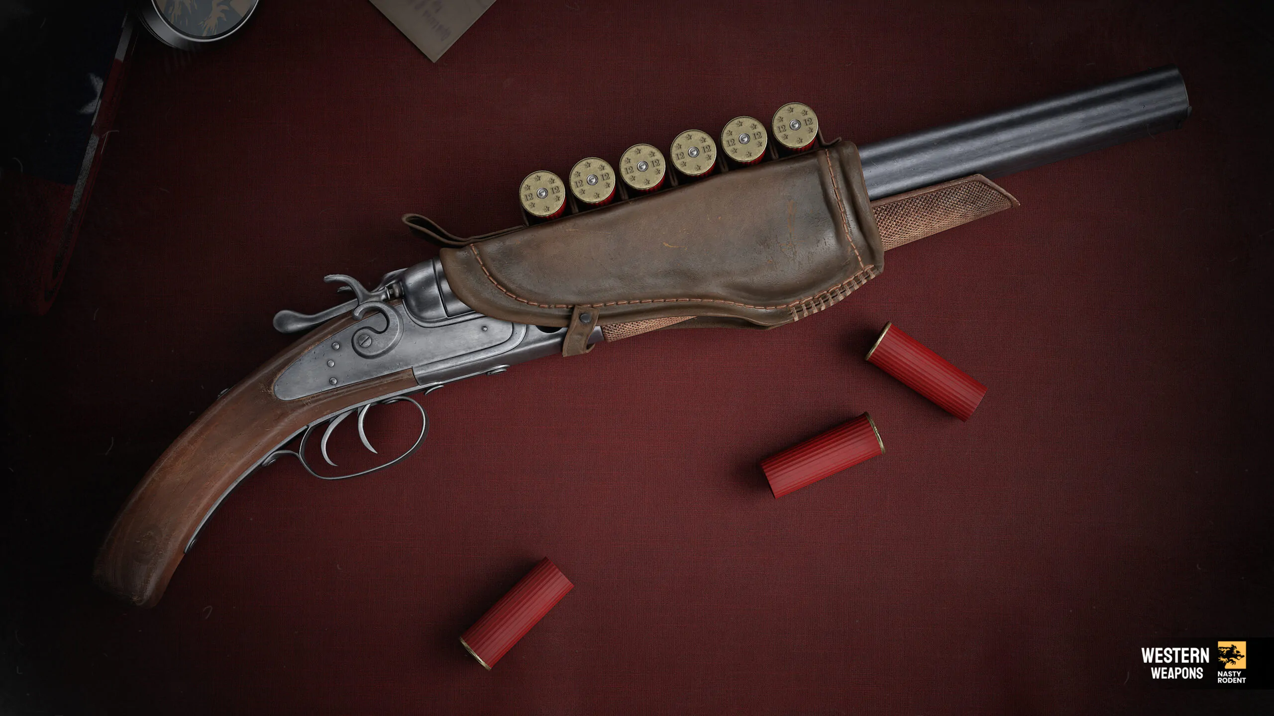 3D model of a sawed-off double-barrel shotgun in a leather sleeve with shells