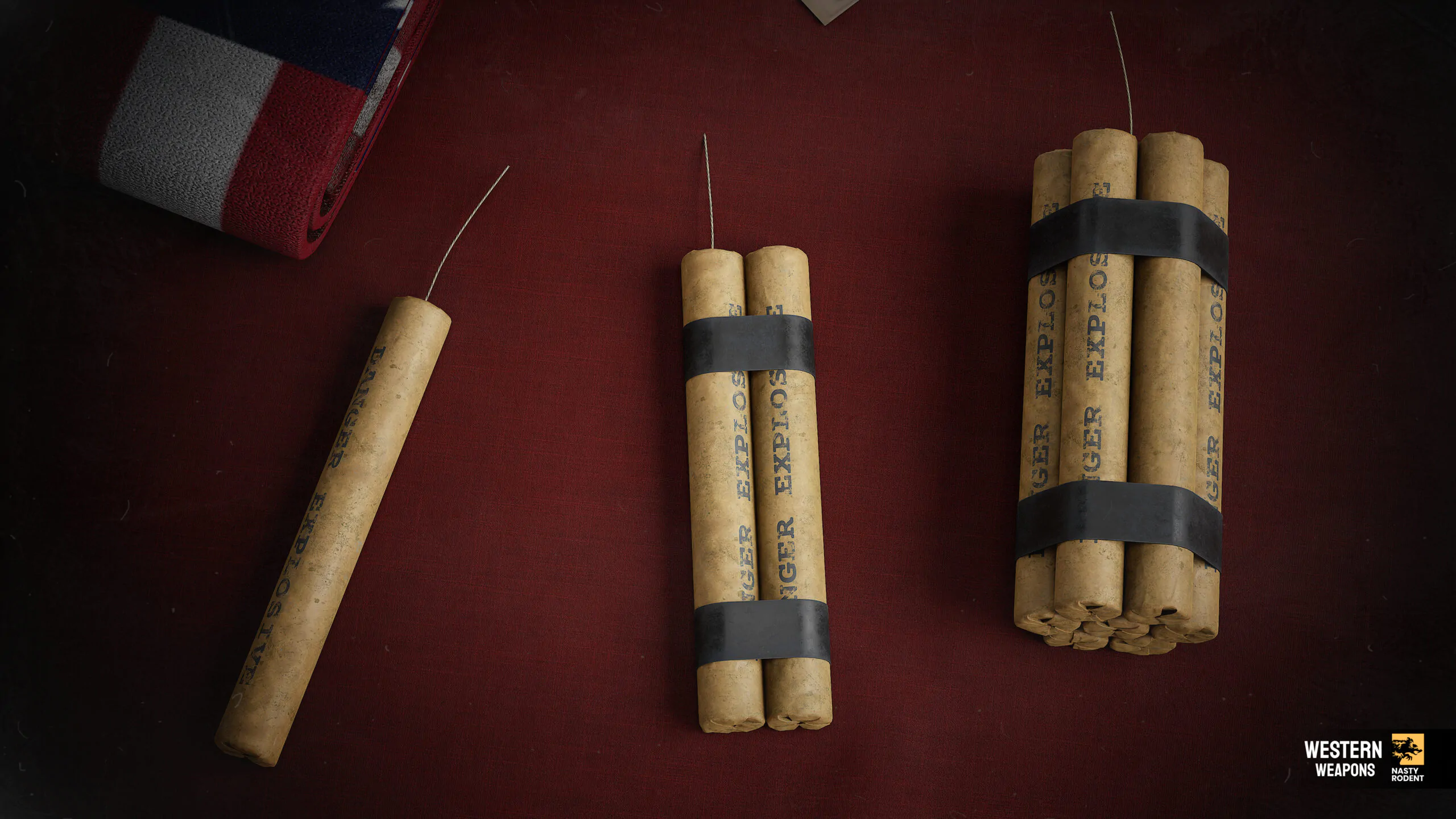 3D models of dynamite sticks: single, double, and a large bundle