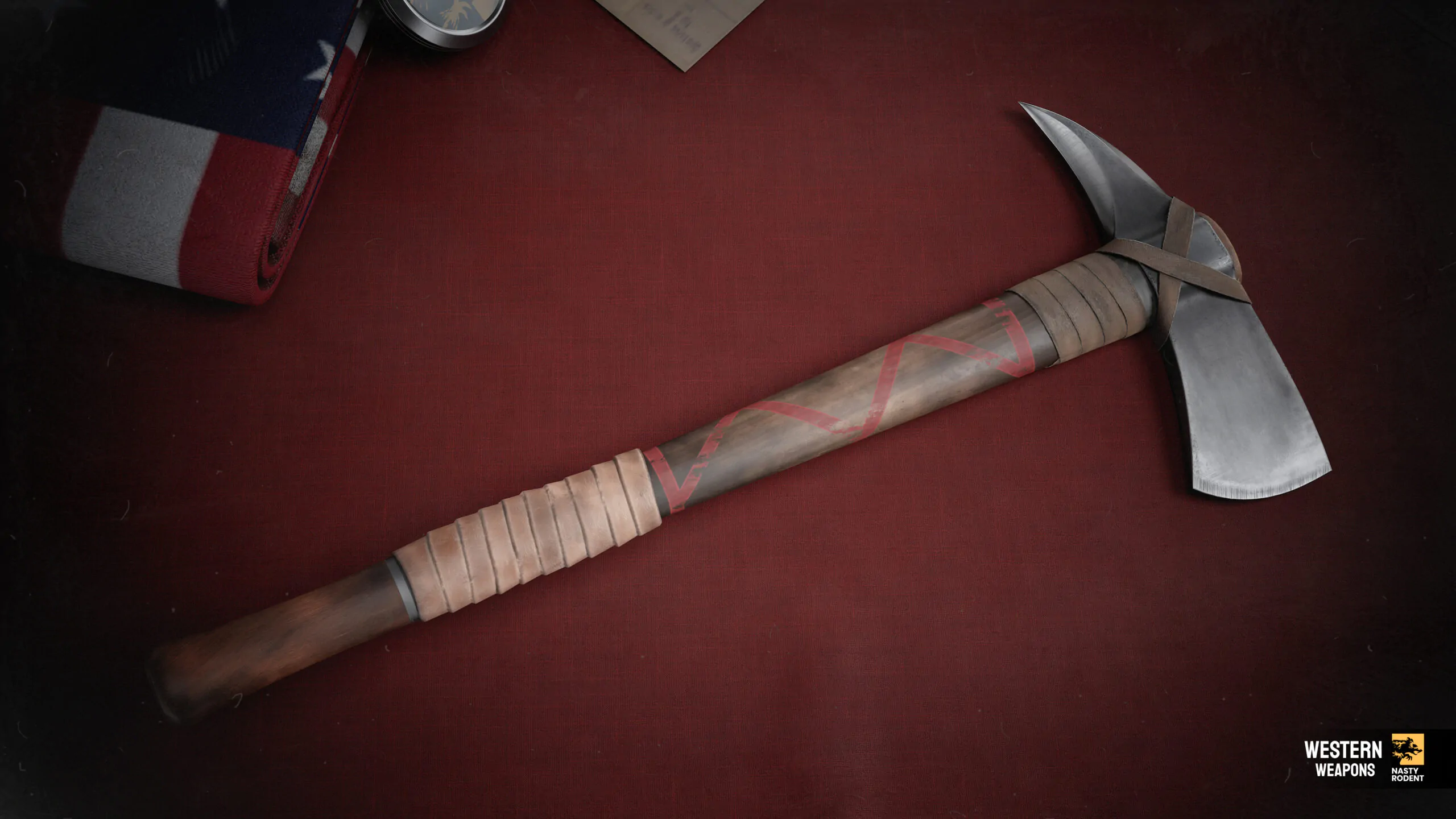3D model of a tactical tomahawk with leather-wrapped handle, Western Weapons project