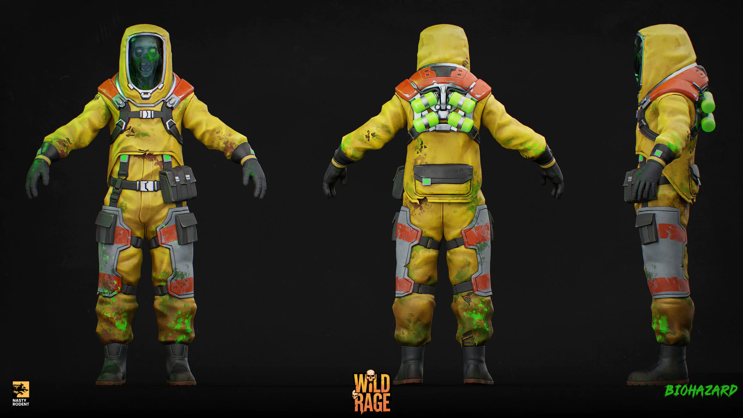 3D character model in yellow biohazard suit with gas cylinders, Wild Rage project