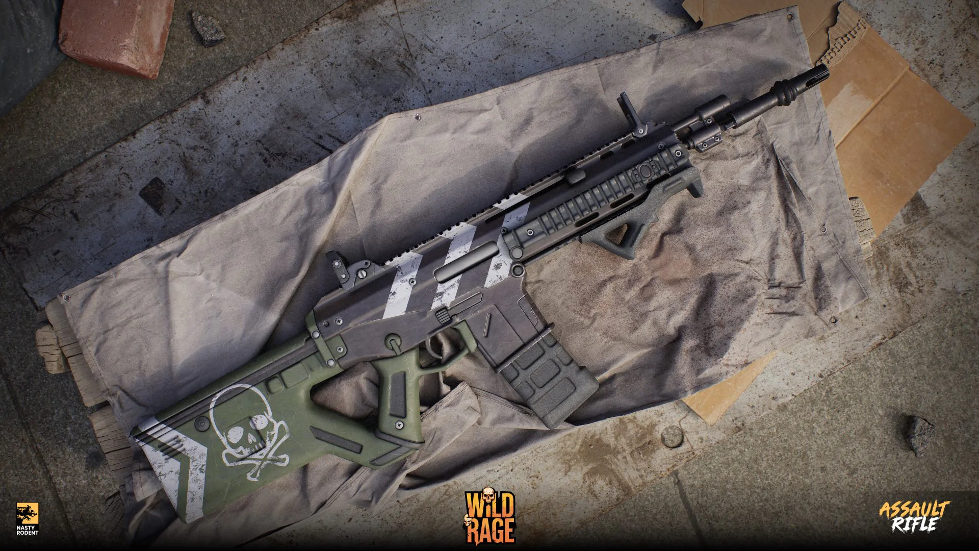 3D model of an assault rifle with a skull emblem on the stock and foregrip